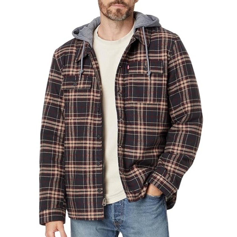 Levi's Black Plaid Washed Cotton Shirt Jacket with Sherpa Lining size M Hooded